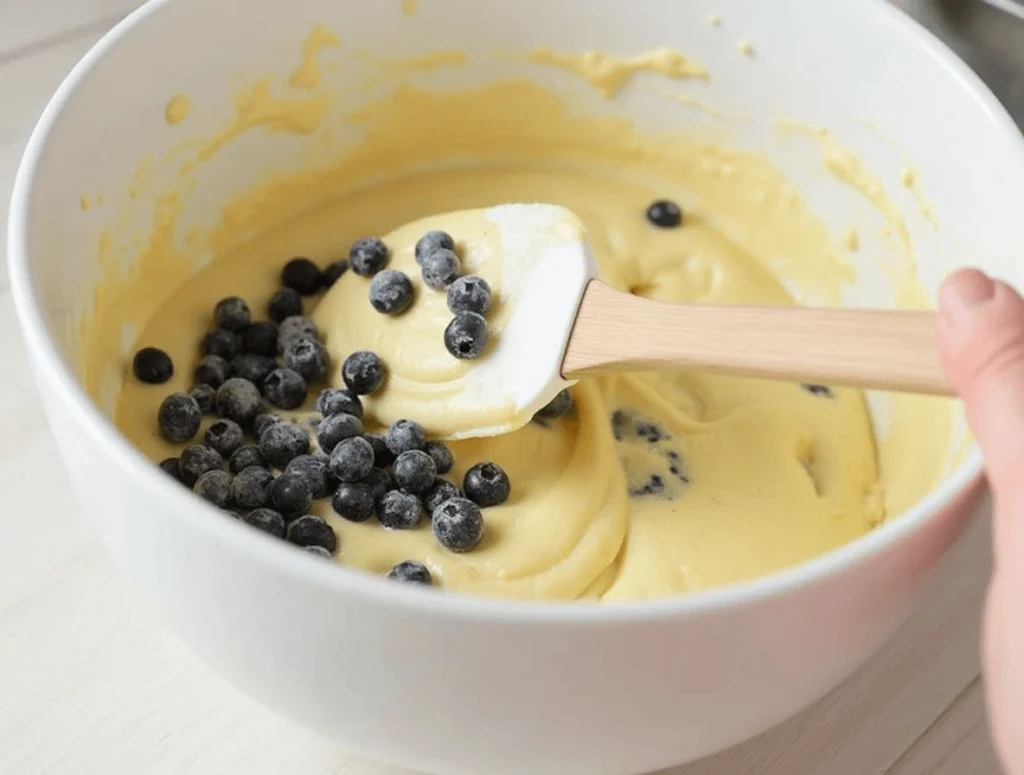How to Bake Perfect Lemon Blueberry Bread Every Time 4 Gently folding fresh blueberries into batter for lemon blueberry bread without crushing them.