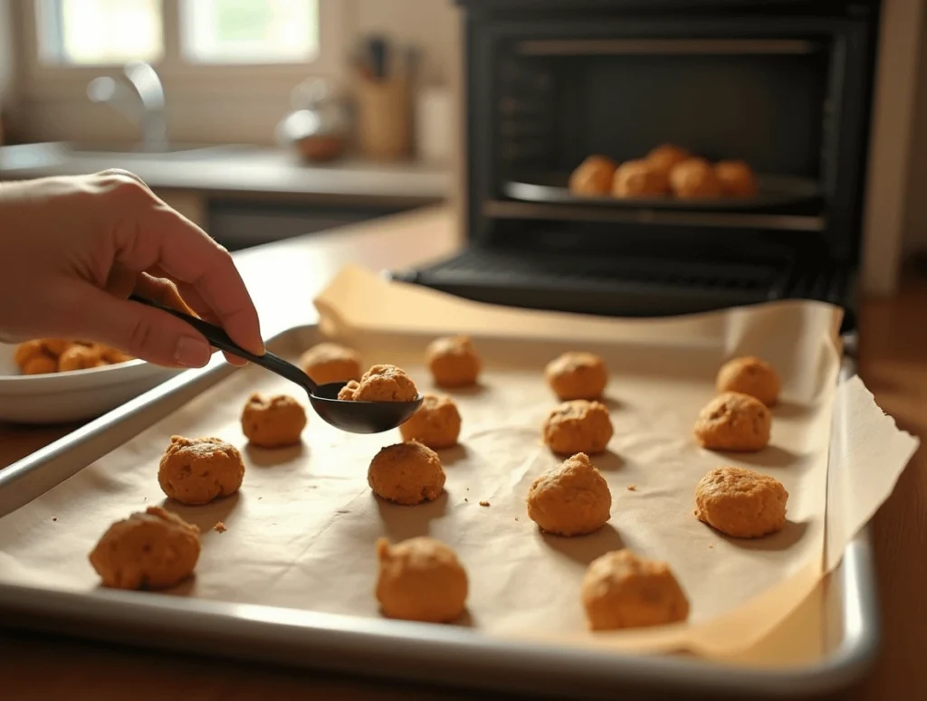 Carrot Cake Cookies: A Step-by-Step Guide to Perfection 4 Shaping dough balls and placing them on a baking tray to bake carrot cake cookies.