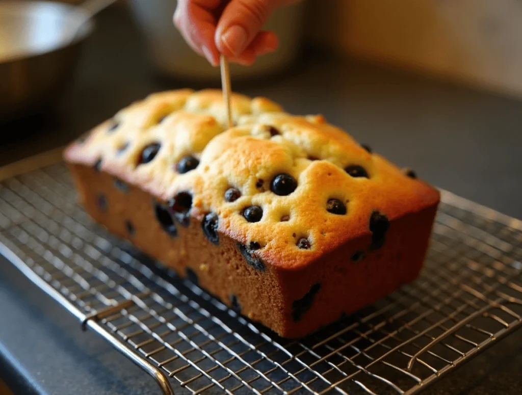 How to Bake Perfect Lemon Blueberry Bread Every Time 5 Testing the doneness of lemon blueberry bread by inserting a toothpick into the center of the loaf.