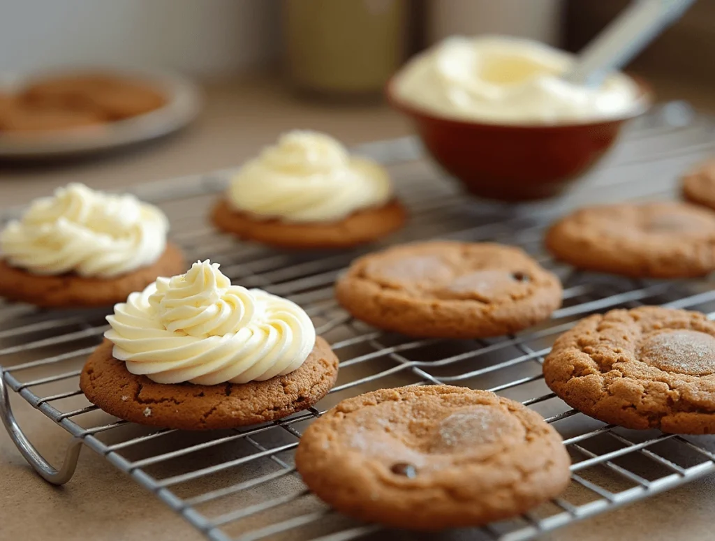 Carrot Cake Cookies: A Step-by-Step Guide to Perfection 5 Carrot cake cookies cooling on a wire rack with a bowl of cream cheese frosting.