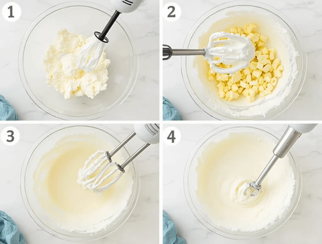 How to Make Cream Cheese Frosting (Quick, Easy & Perfect) 3 Step-by-step process of making cream cheese frosting with mixing ingredients and finished frosting