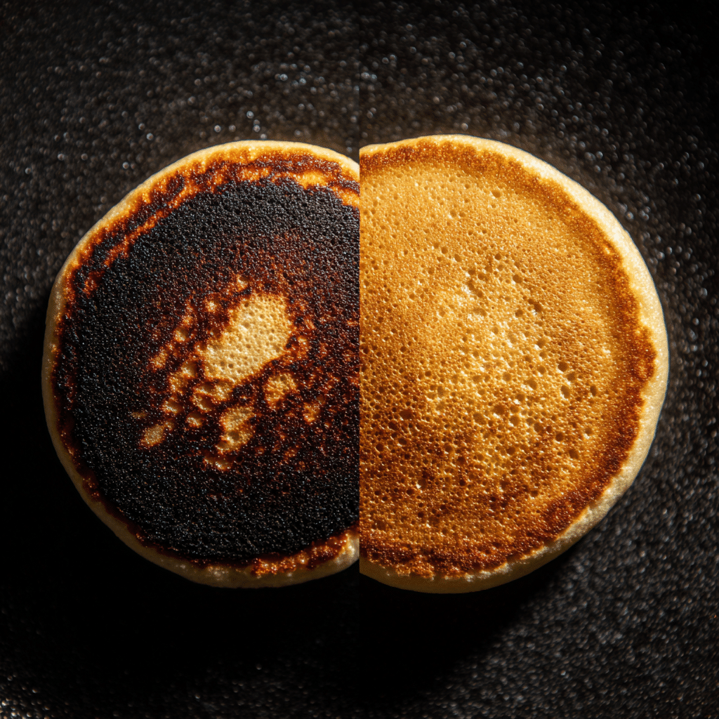 5 Mistakes Sabotaging Your Nutella Mini Pancakes (And How to Get Them Perfect) 16 Burnt pancake next to golden brown Nutella mini pancake