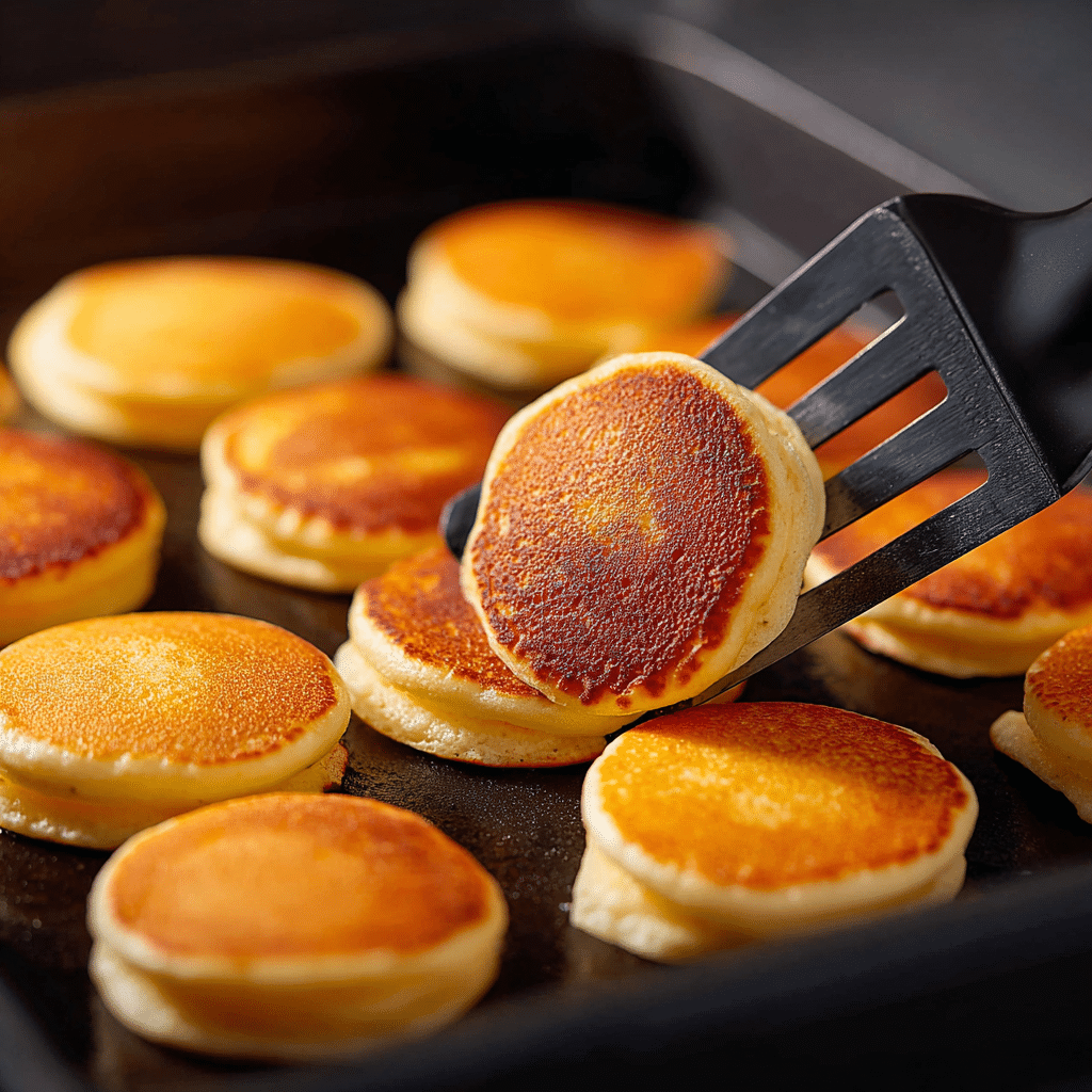 The Best Mini Pancake Cereal Recipe (Easy and Foolproof) 12 Flipping golden mini pancakes with spatula