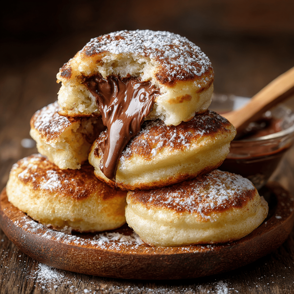 How to Make Fluffy Nutella Pancake Balls (With or Without a Special Pan!) 10 mini pancake balls filled Nutella on wooden plate