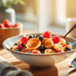 The Best Mini Pancake Cereal Recipe (Easy and Foolproof) 10 Mini pancake cereal in a bowl with syrup and berries