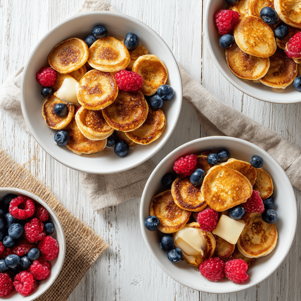 What TikTok Taught Me Mini Pancakes – The Perfect Recipe & Fixes 12 Mini pancake cereal topped with butter and fresh berries in multiple bowls
