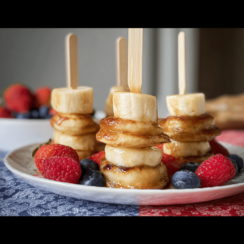 The BEST Mini Pancake Skewers with Lemon Honey Yogurt Dip 7 Mini pancake skewers with yogurt dip on brunch table