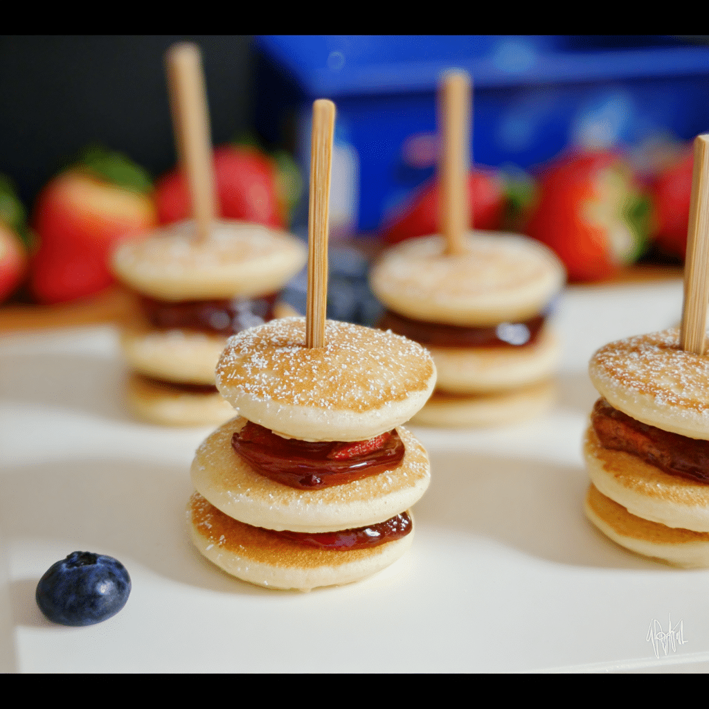 How to Make Perfect Pancake Skewers for Lunch (With Make-Ahead Tips, Dips & Packing Hacks) 14 Mini pancake skewers with strawberry slices and jam