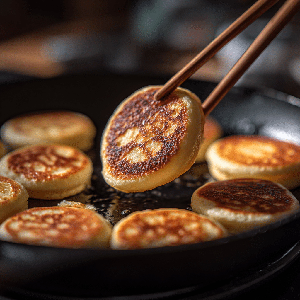 What TikTok Taught Me Mini Pancakes – The Perfect Recipe & Fixes 11 Close-up of mini pancakes cooking on a non-stick pan, one held with chopsticks