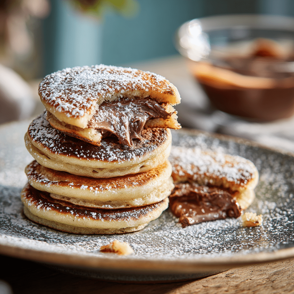 5 Mistakes Sabotaging Your Nutella Mini Pancakes (And How to Get Them Perfect) 12 A realistic photo of a stack of homemade Nutella mini pancakes, with a bite taken out to show the gooey chocolate center