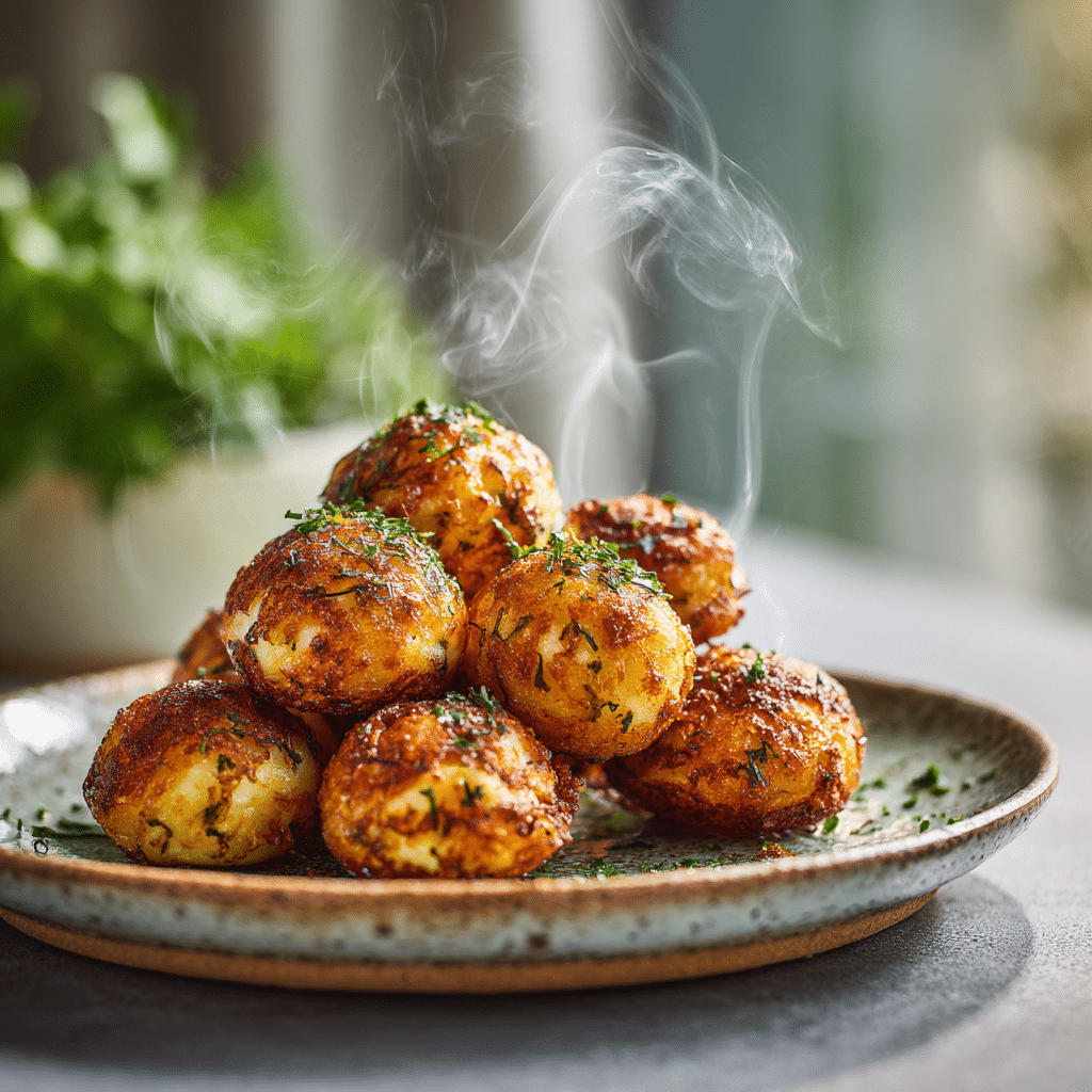 The Ultimate Savory Mini Pancake Balls (with Cheese & Herbs) 9 Savory mini pancake balls with cheese and herbs on plate