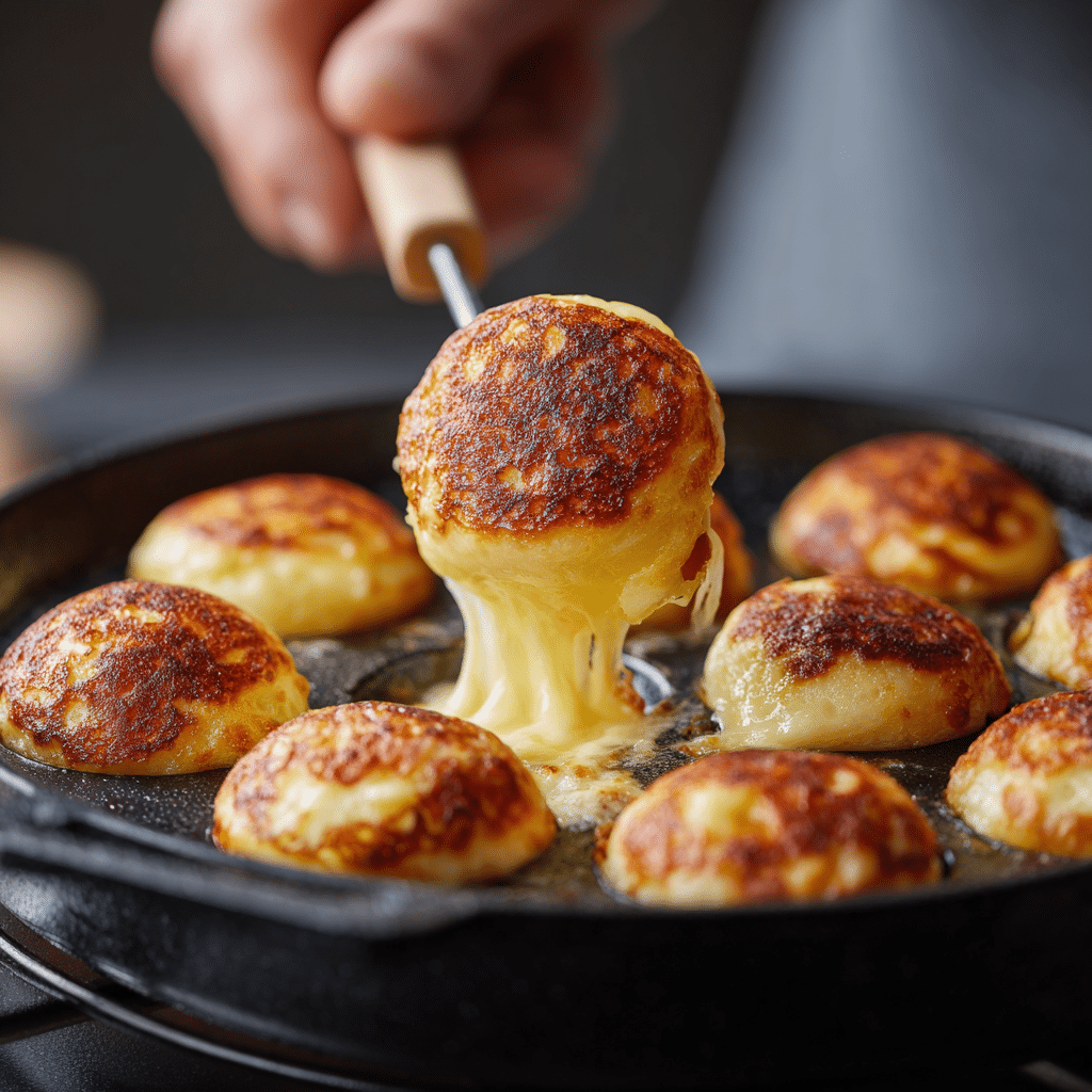 The Ultimate Savory Mini Pancake Balls (with Cheese & Herbs) 11 Turning mini pancake balls in Aebleskiver pan