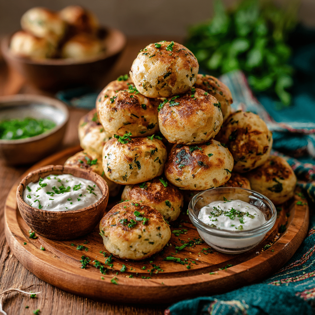 The Ultimate Savory Mini Pancake Balls (with Cheese & Herbs) 12 Serving savory pancake balls with cheese and herb dips